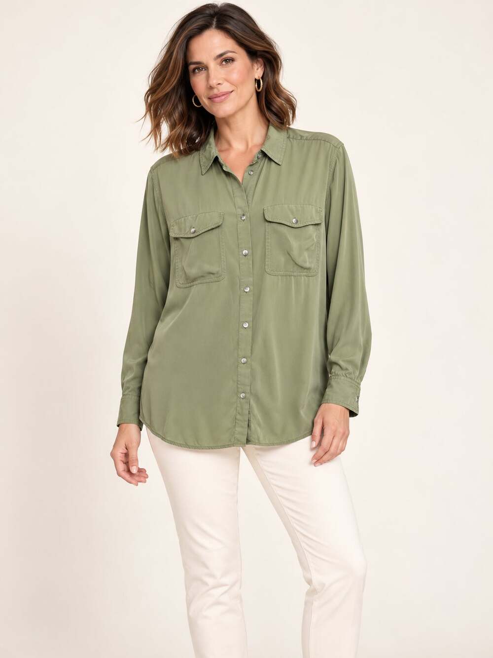 Chicos Olive Green Modal Button-Up Shirt Size 4 US 20/22 Pockets